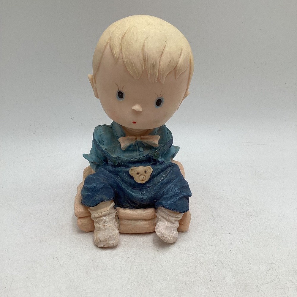 Vintage Style Boy Figurine Blue Overalls Teddy Bear Accent Resin Decor 5.5 Inch